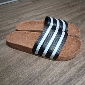 Adidas Adilette Cork Slides - Black/White - Size 9